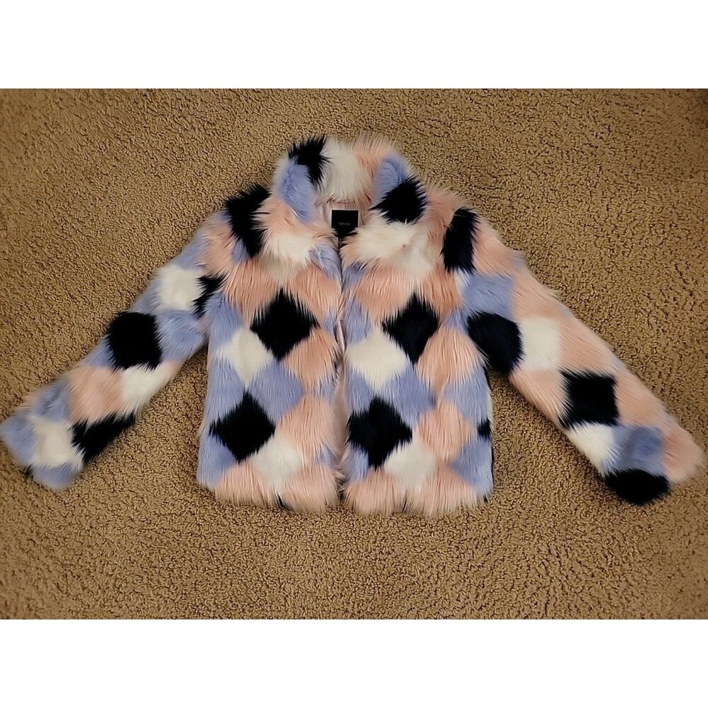 Forever 21 Faux Fur Jacket Pink Light Blue Dark Blue White Patch Plush Size SM